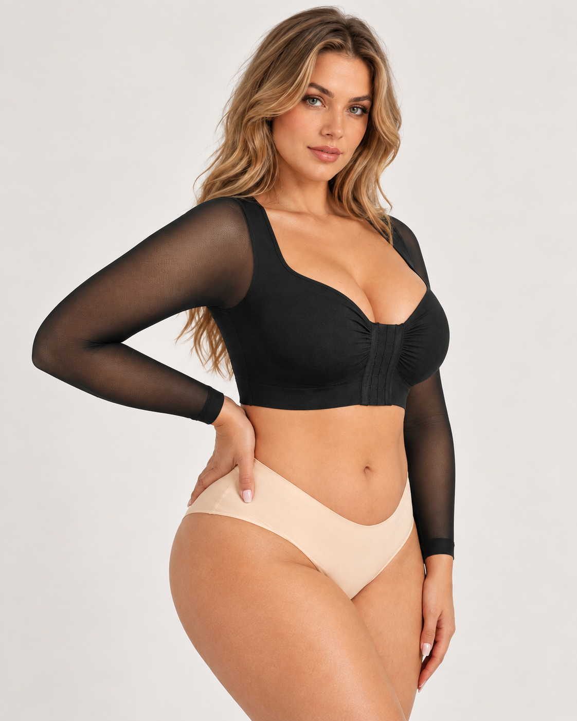Back Smoothing Front-Closure Long-Sleeve Top