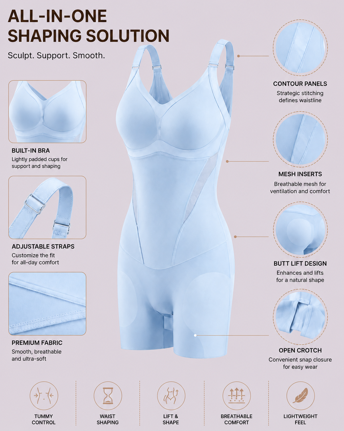 Ultra-thin Breathable Seamless Tummy Control Easy-to-Wear Shapewear Bodysuit