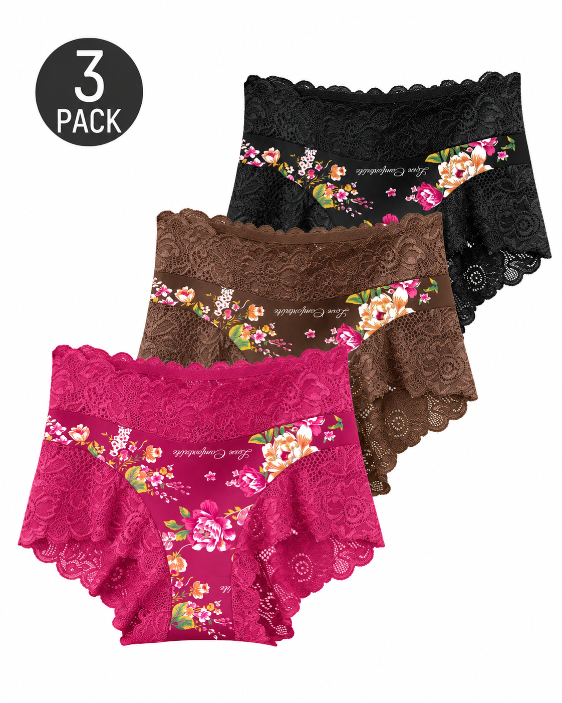 High Waist Floral Print Lace Trim Panties