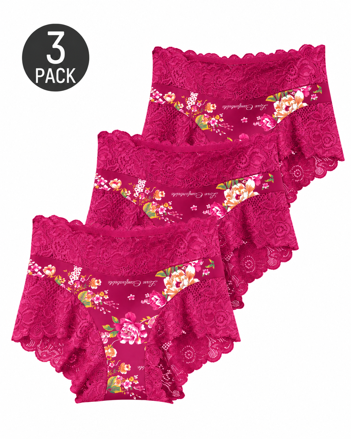 High Waist Floral Print Lace Trim Panties