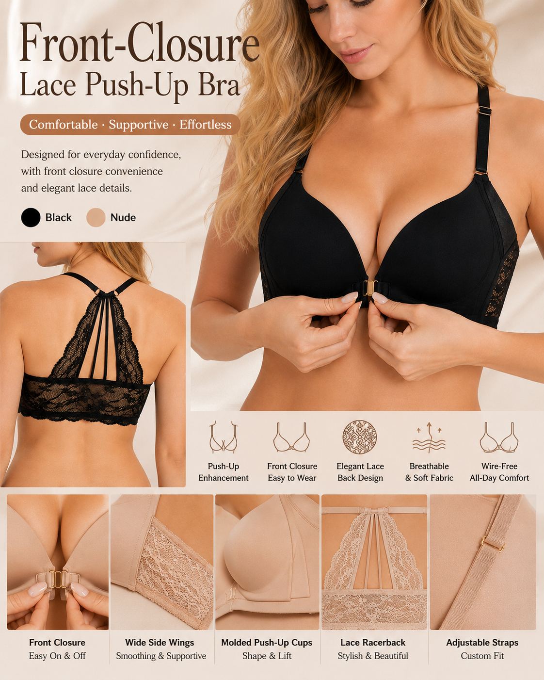 Front Closure Lace Racerback Wireless Bra