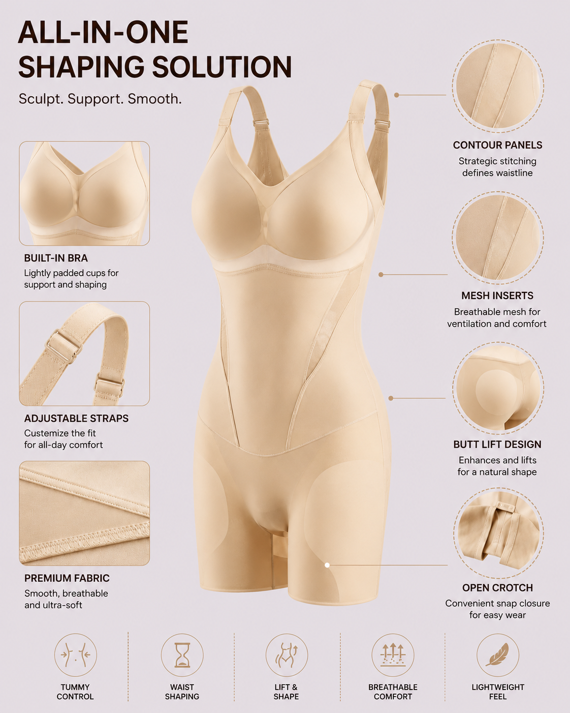 Ultra-thin Breathable Seamless Tummy Control Easy-to-Wear Shapewear Bodysuit