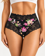 High Waist Floral Print Lace Trim Panties