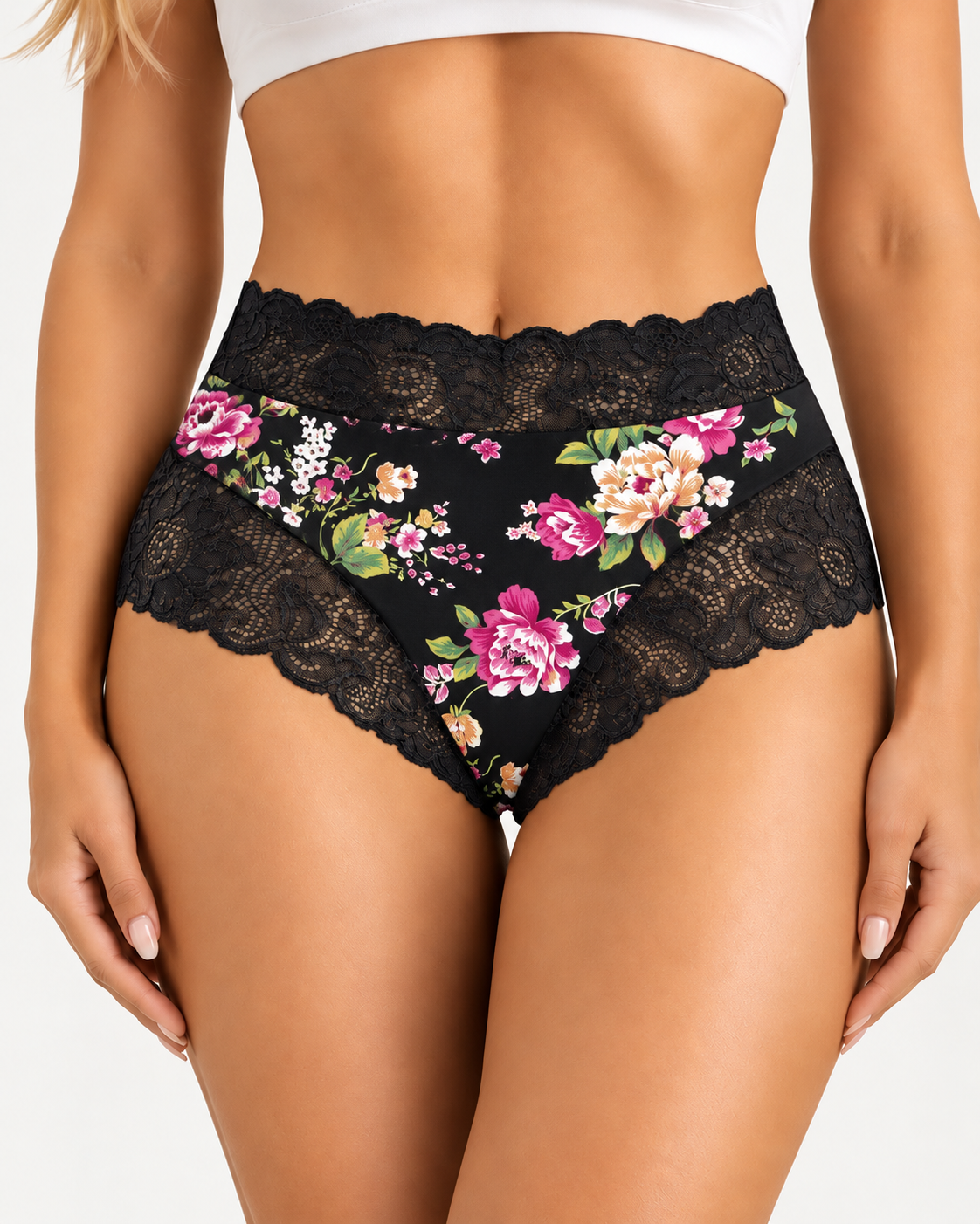 High Waist Floral Print Lace Trim Panties