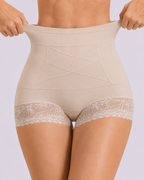 Tummy-Sculpting Cross-Compression High-Waist Lace Shaper Shorts