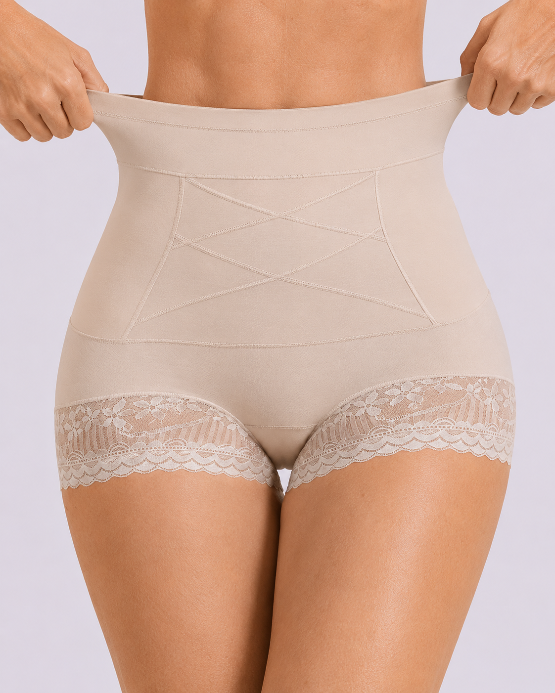 Tummy-Sculpting Cross-Compression High-Waist Lace Shaper Shorts