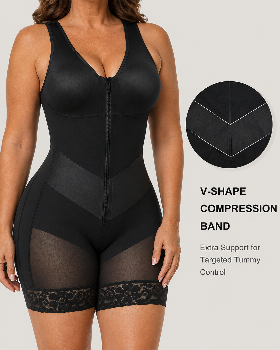 Firm Tummy Control Breathable Zip Front Bodysuit Shapewear