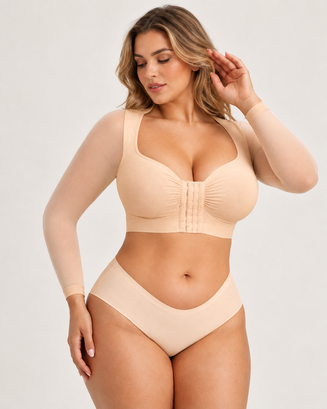 Back Smoothing Front-Closure Long-Sleeve Top