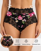 High Waist Floral Print Lace Trim Panties