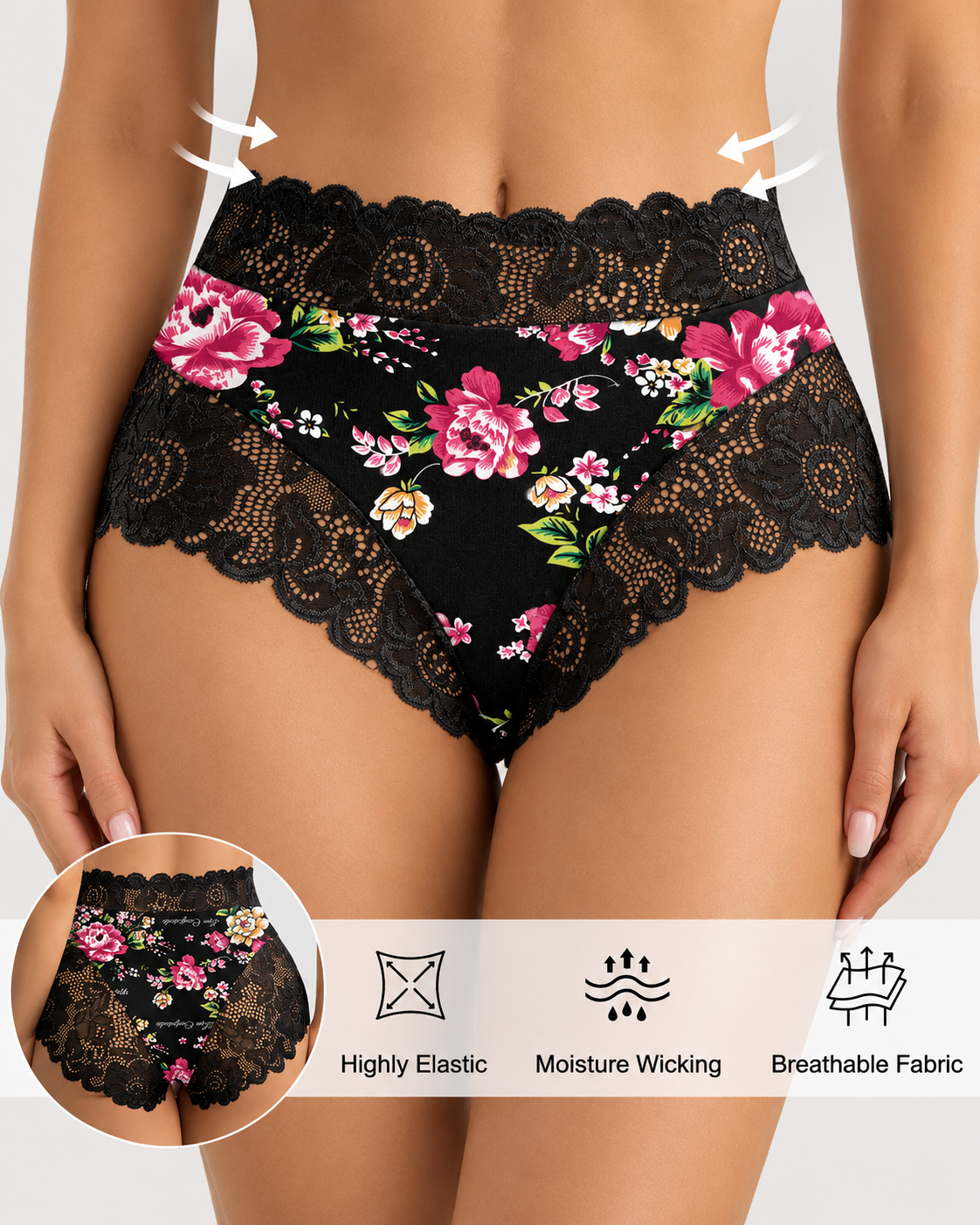 High Waist Floral Print Lace Trim Panties