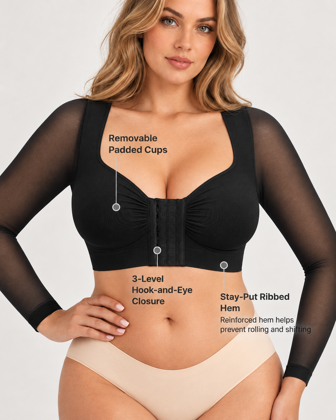Back Smoothing Front-Closure Long-Sleeve Top