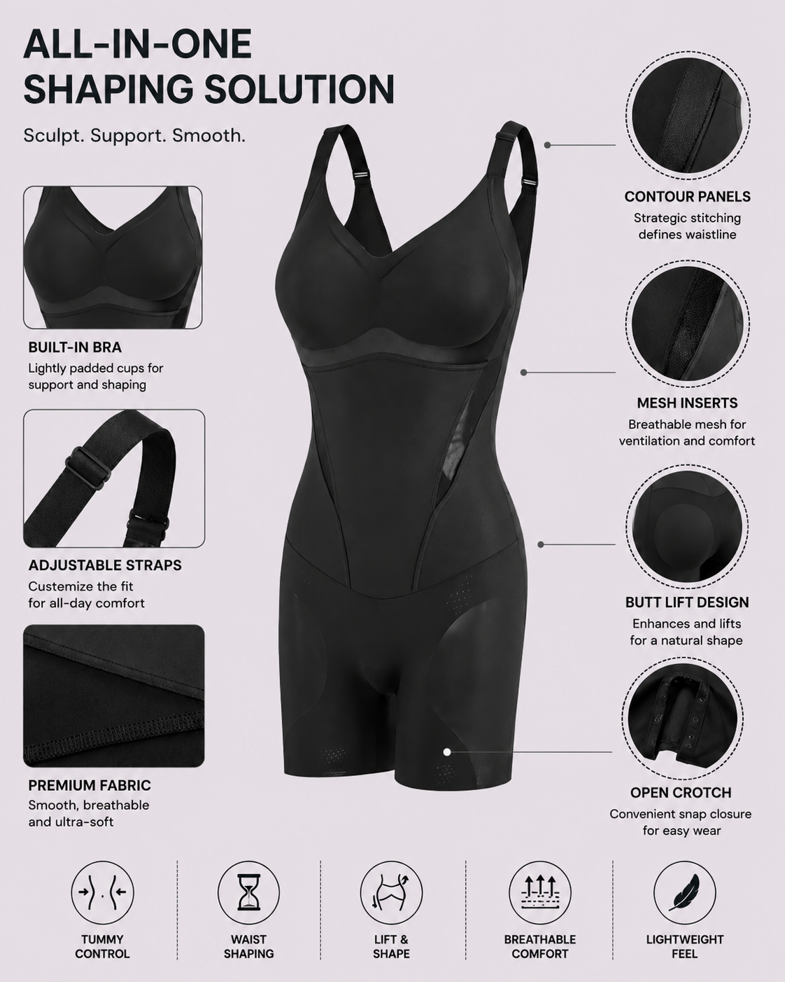 Ultra-thin Breathable Seamless Tummy Control Easy-to-Wear Shapewear Bodysuit