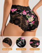 High Waist Floral Print Lace Trim Panties