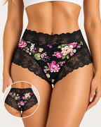 High Waist Floral Print Lace Trim Panties