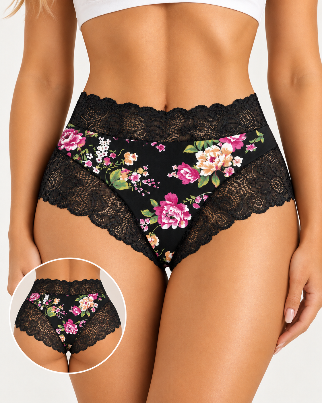 High Waist Floral Print Lace Trim Panties