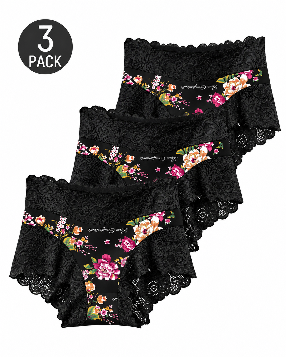 High Waist Floral Print Lace Trim Panties