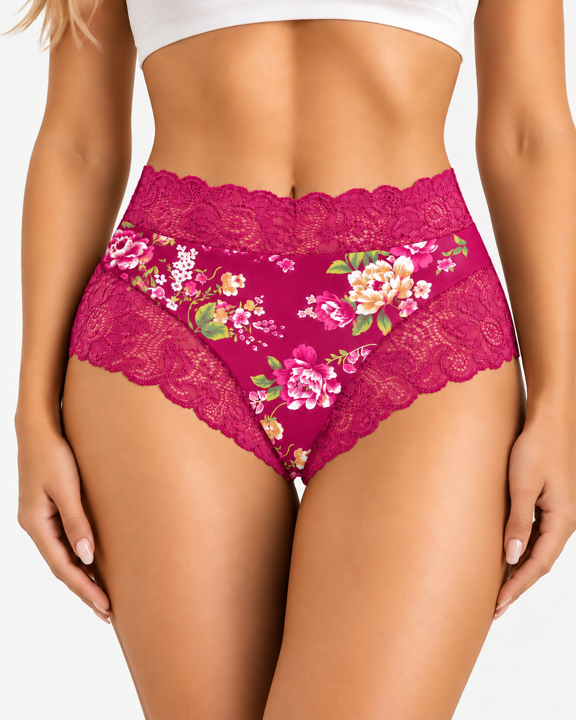 High Waist Floral Print Lace Trim Panties