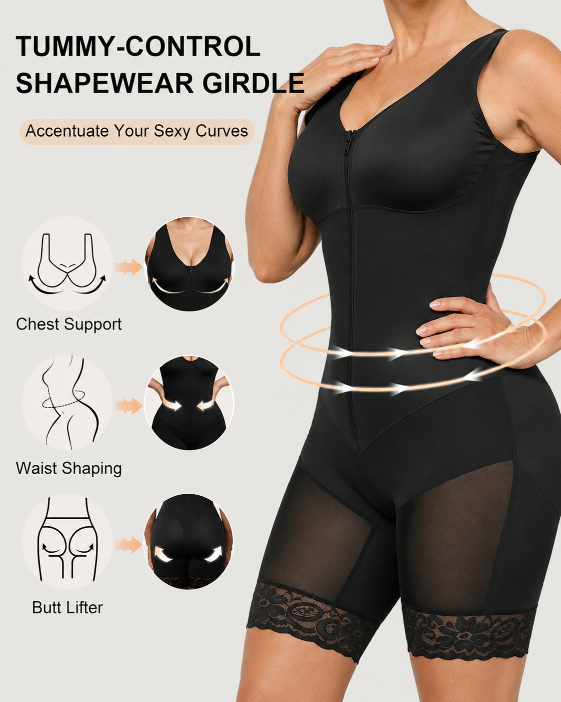 Firm Tummy Control Breathable Zip Front Bodysuit Shapewear