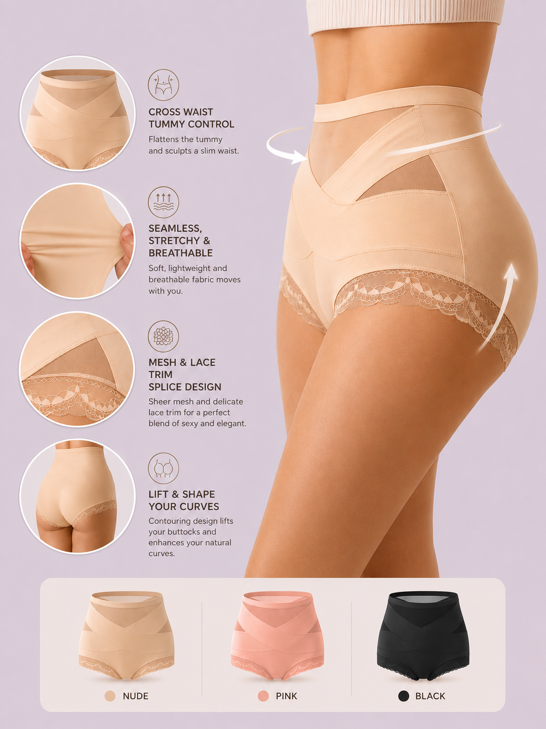 Tummy-Smoothing Crossover Mesh Lace Shaping Boyshorts