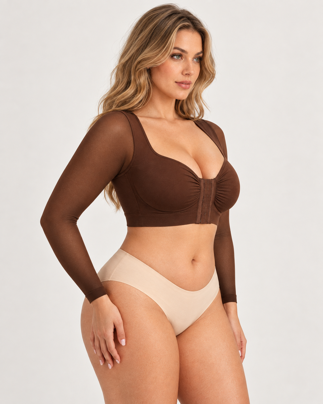 Back Smoothing Front-Closure Long-Sleeve Top