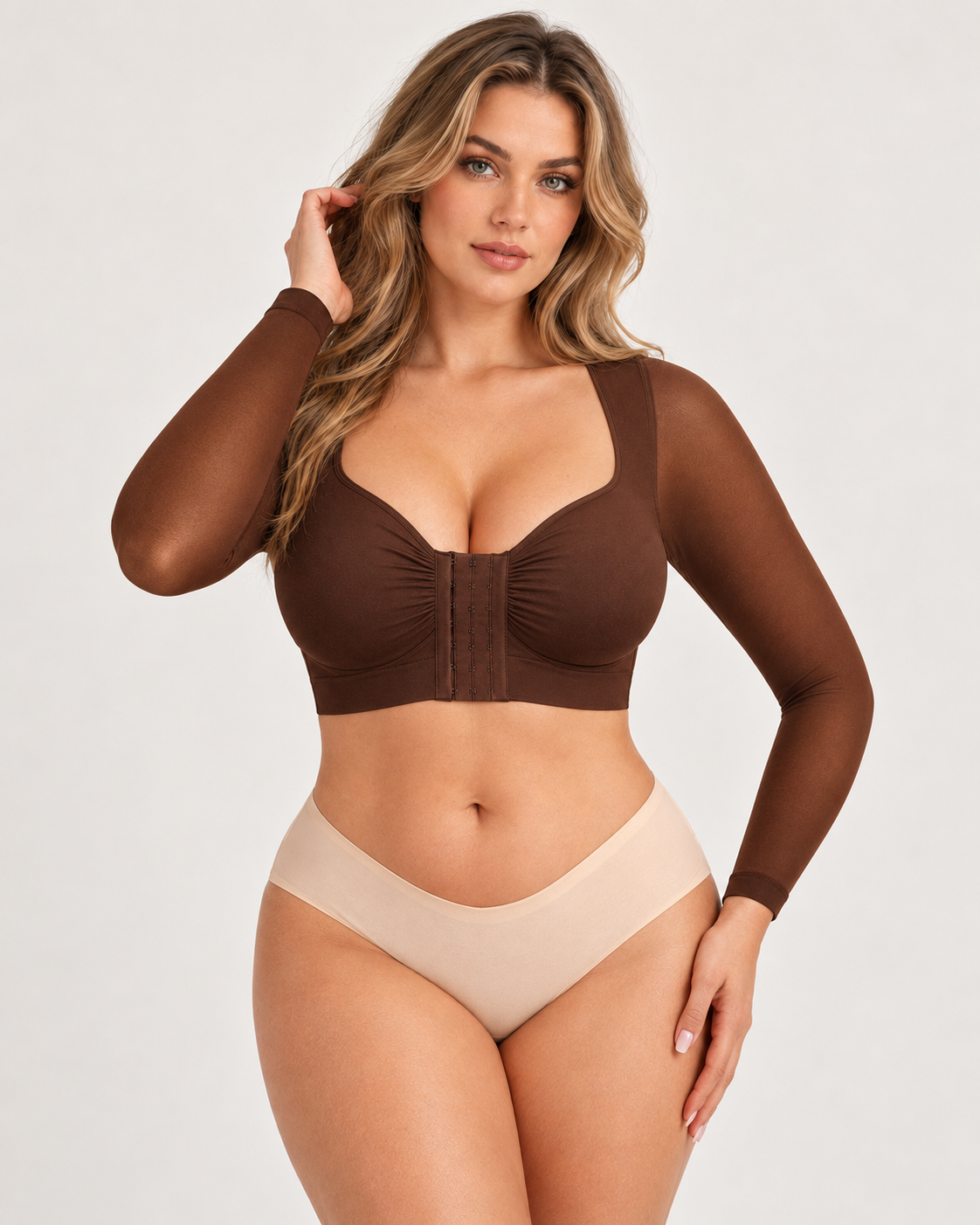 Back Smoothing Front-Closure Long-Sleeve Top