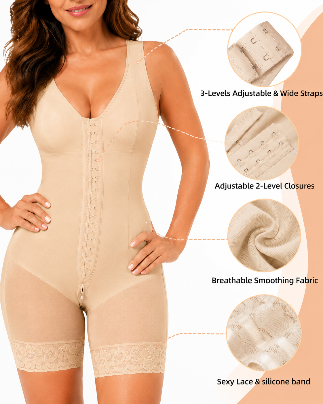Tummy Control Front-Hook Lace-Trim Shapewear Bodysuit