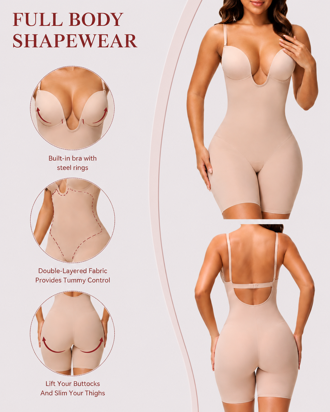 Tummy Control Seamless Plunge Mid-Thigh Shapewear Bodysuit