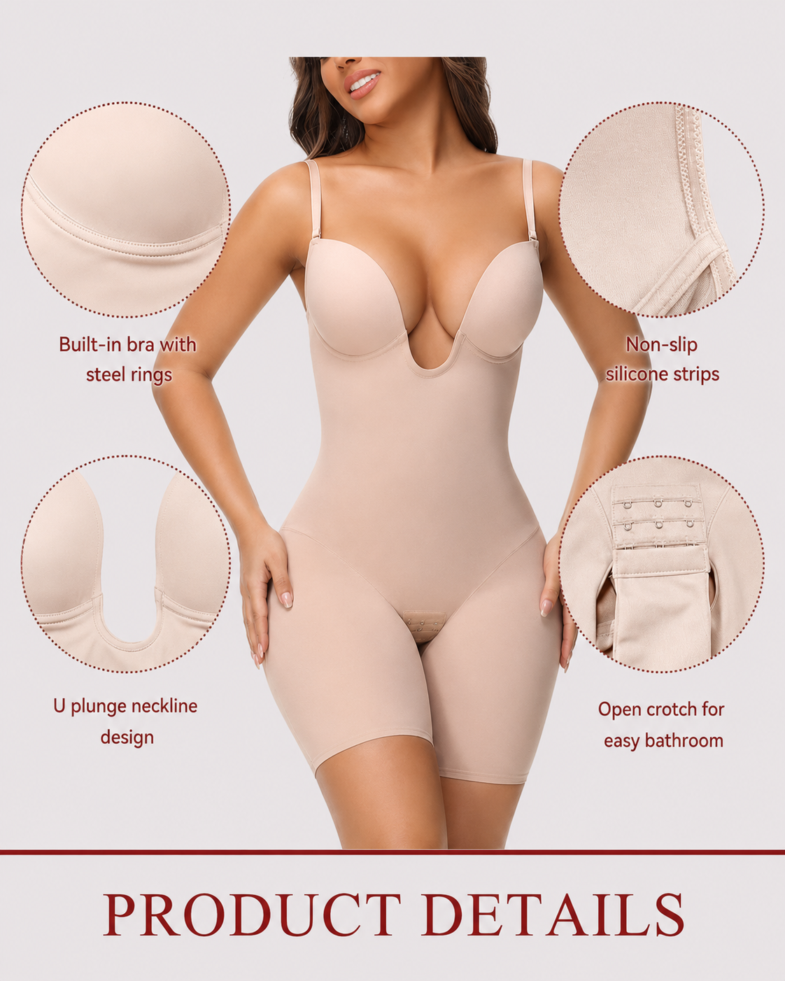 Tummy Control Seamless Plunge Mid-Thigh Shapewear Bodysuit