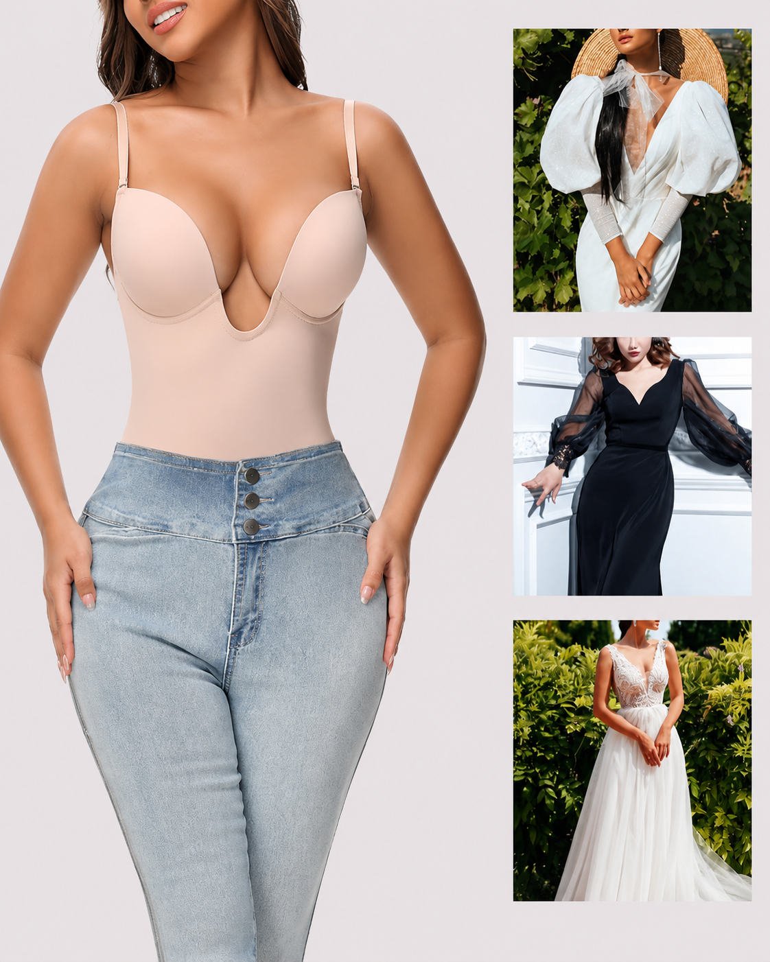 Tummy Control Seamless Plunge Mid-Thigh Shapewear Bodysuit