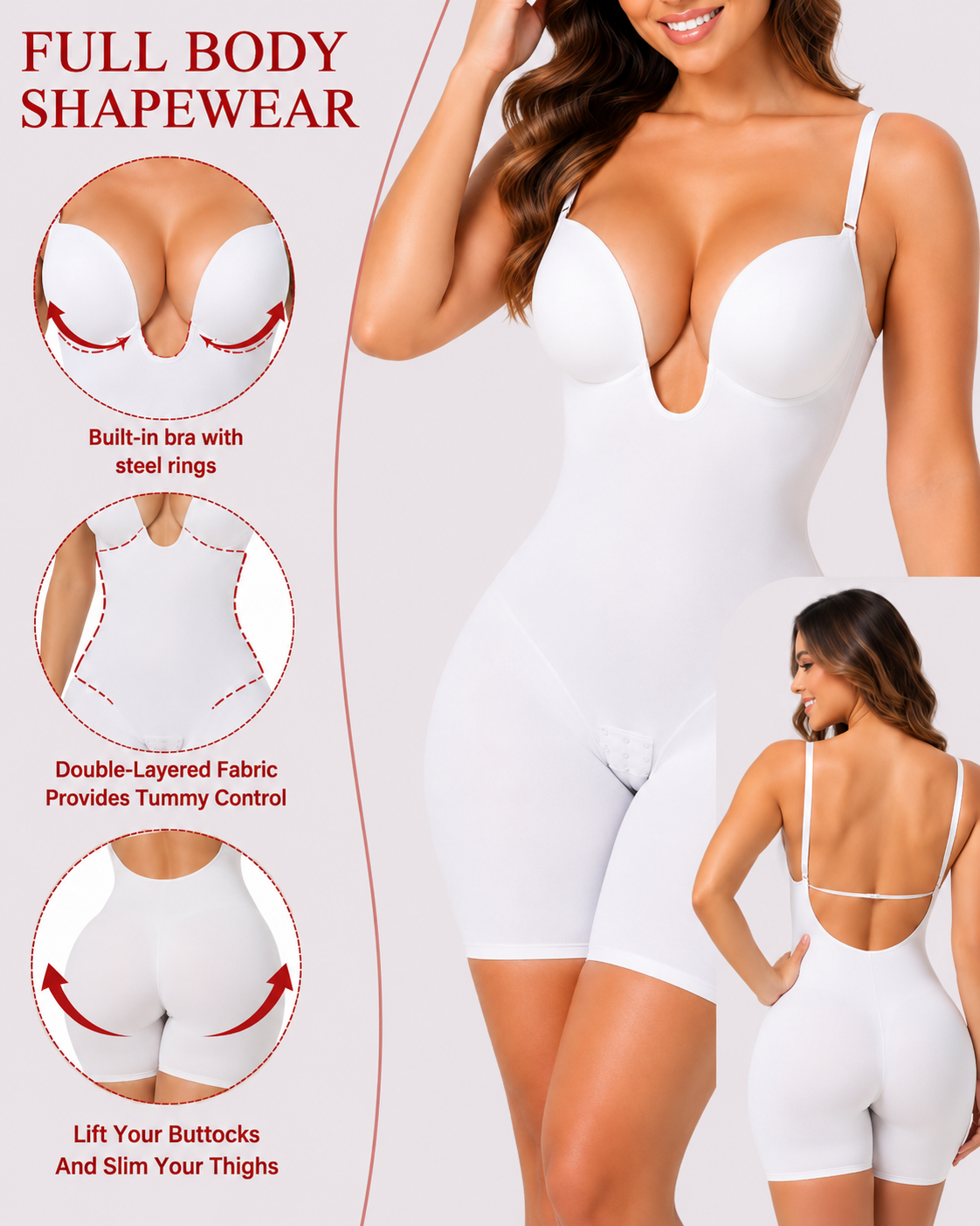 Tummy Control Seamless Plunge Mid-Thigh Shapewear Bodysuit