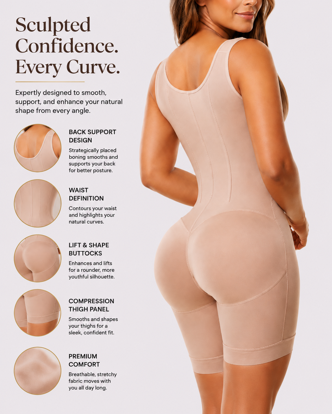 Tummy Control Front-Hook Mid-Thigh Shapewear Bodysuit