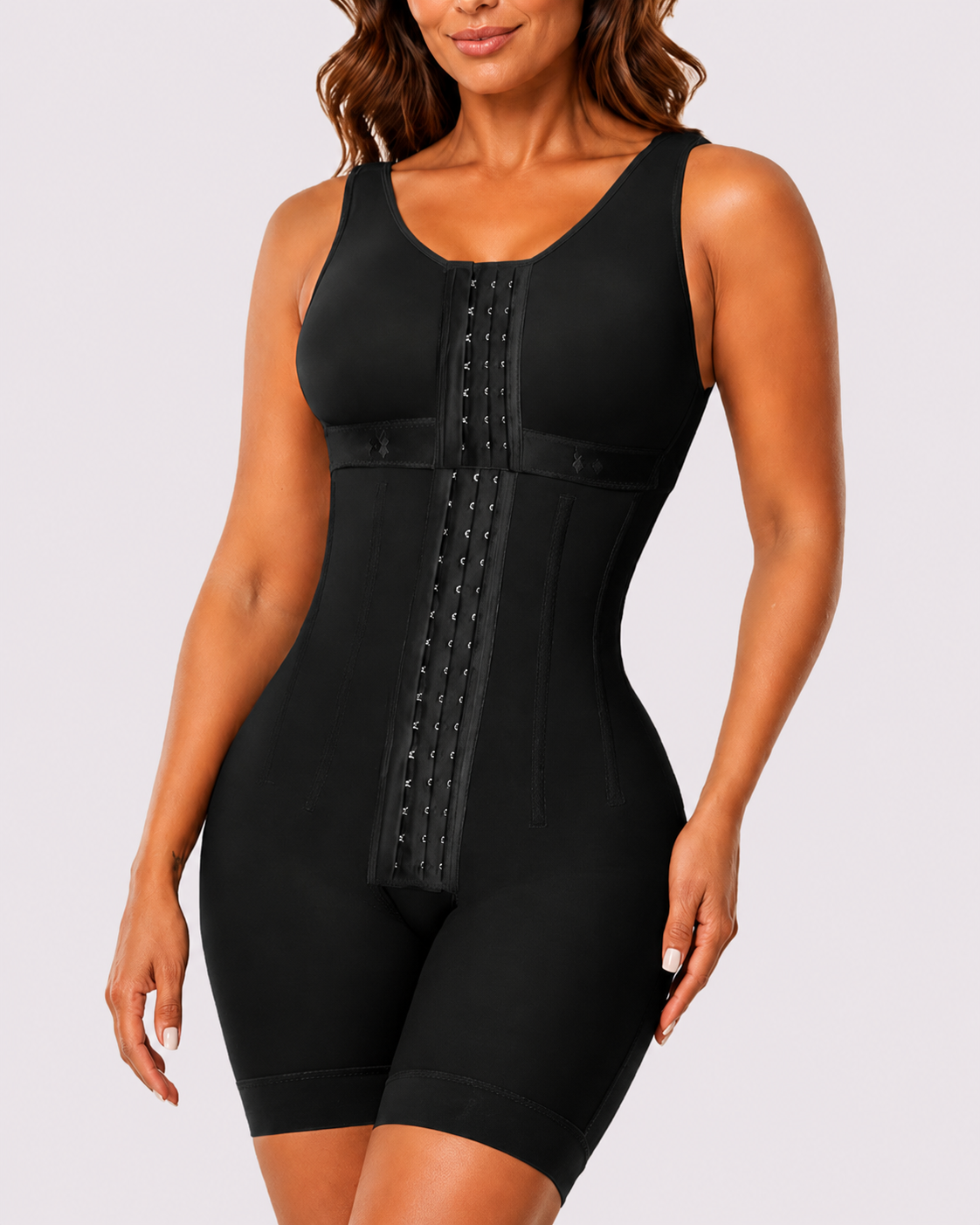 Tummy Control Front-Hook Mid-Thigh Shapewear Bodysuit