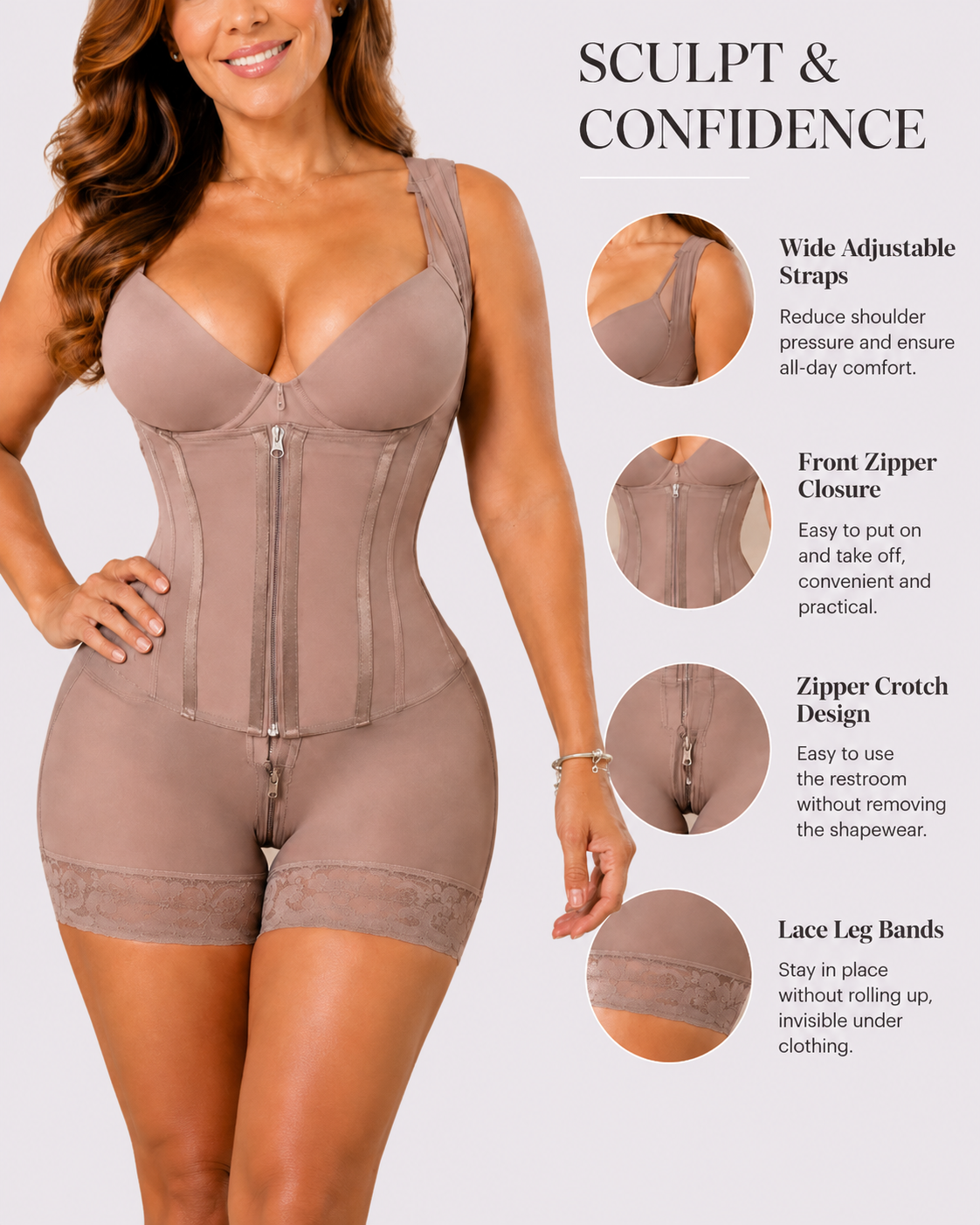 Tummy Control Hook & Zip Double Compression Shapewear Bodysuit