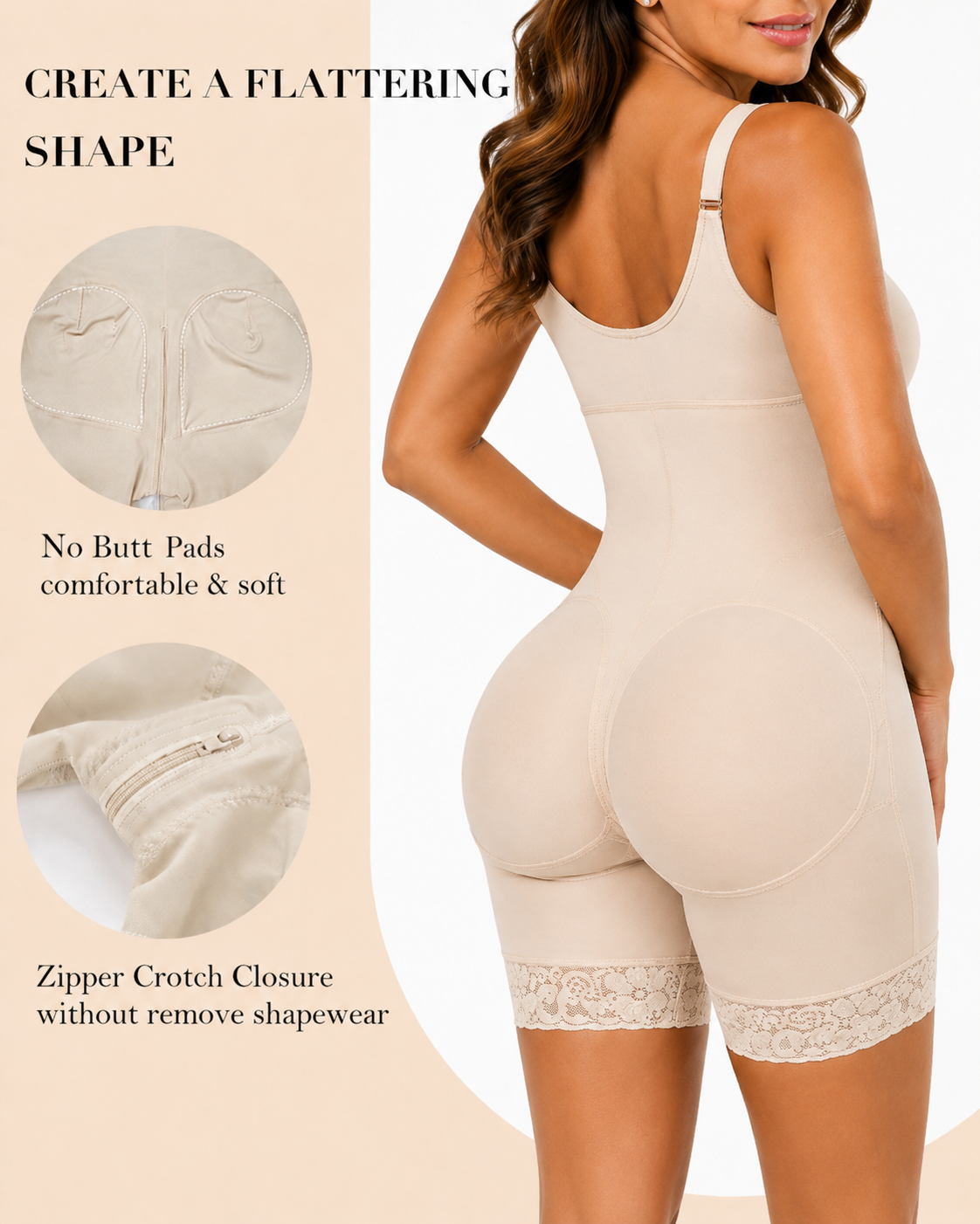 Tummy Control Zipper Lace Trim Shapewear Bodysuit