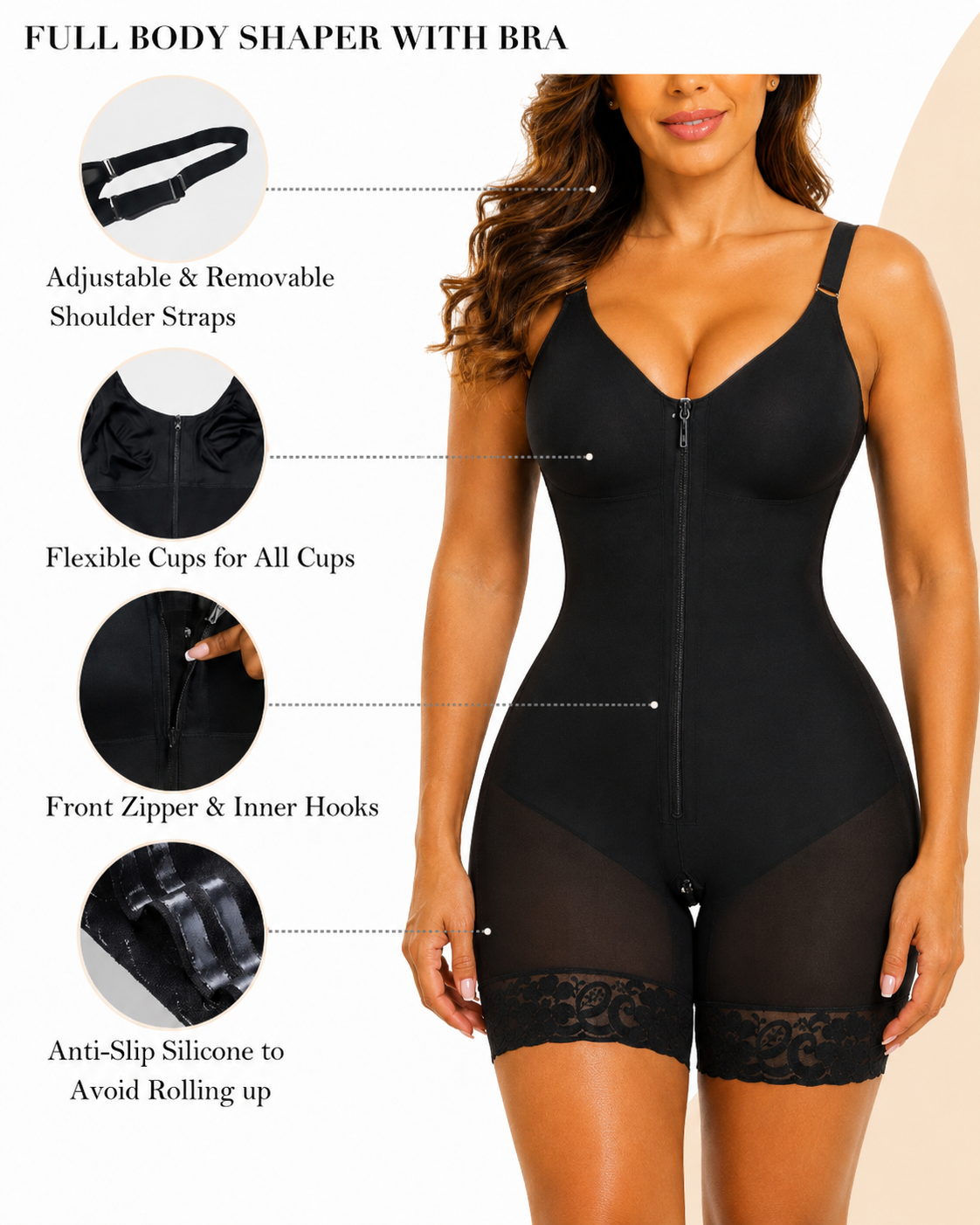 Tummy Control Zipper Lace Trim Shapewear Bodysuit