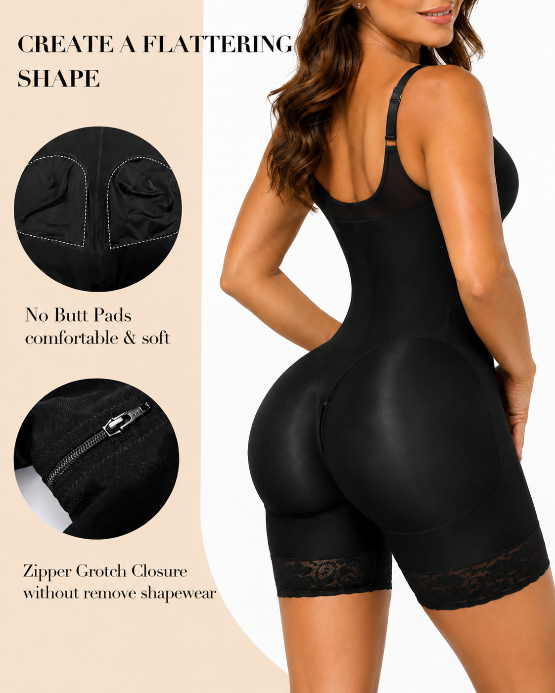 Tummy Control Zipper Lace Trim Shapewear Bodysuit