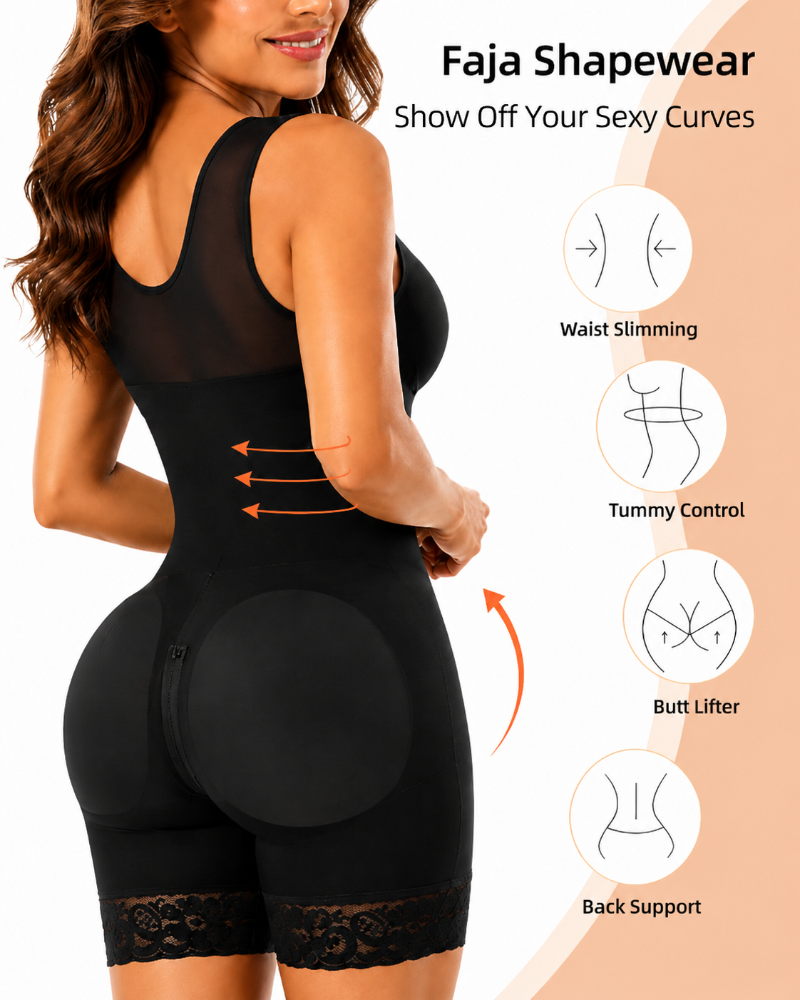 Tummy Control Front-Hook Lace-Trim Shapewear Bodysuit