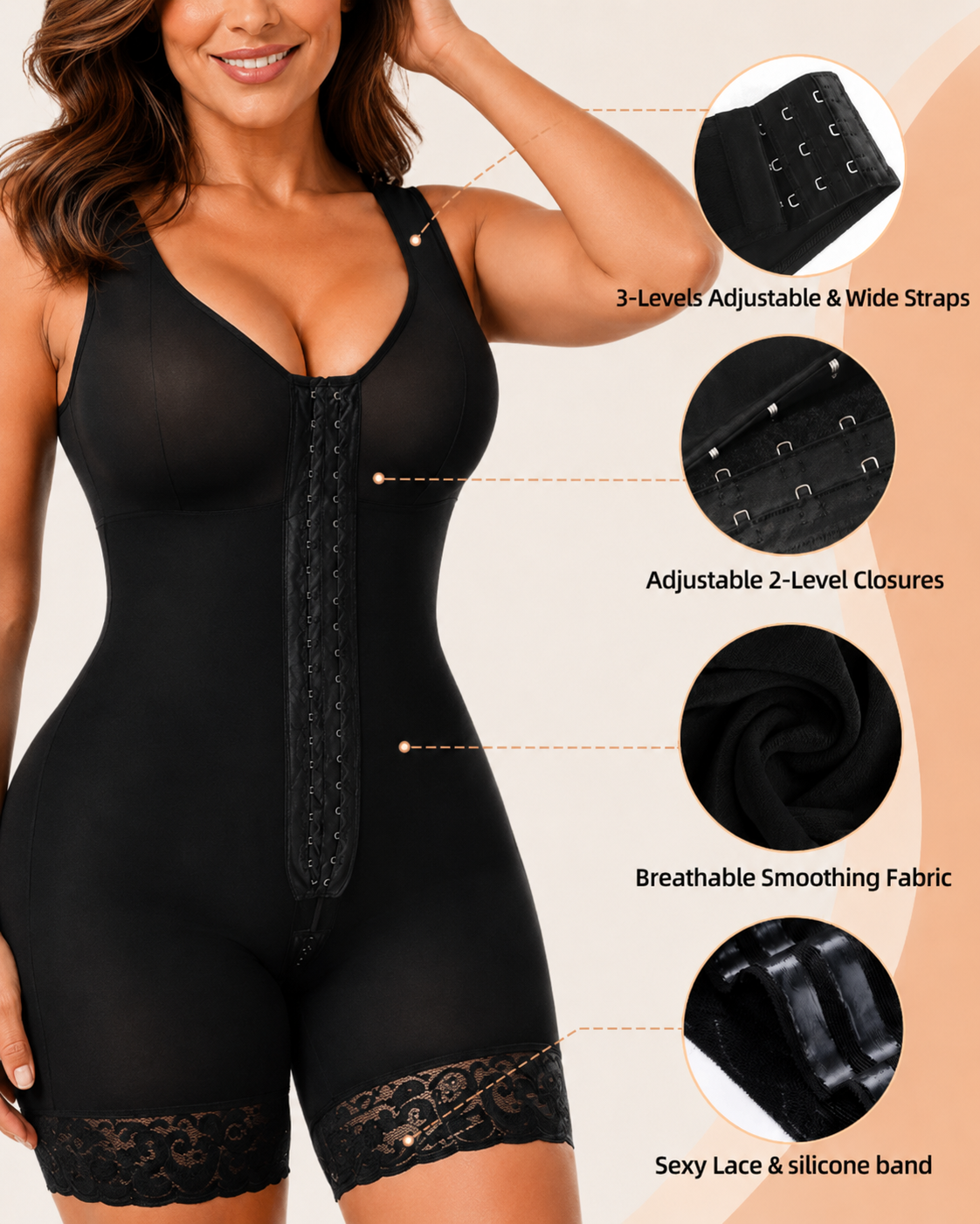 Tummy Control Front-Hook Lace-Trim Shapewear Bodysuit