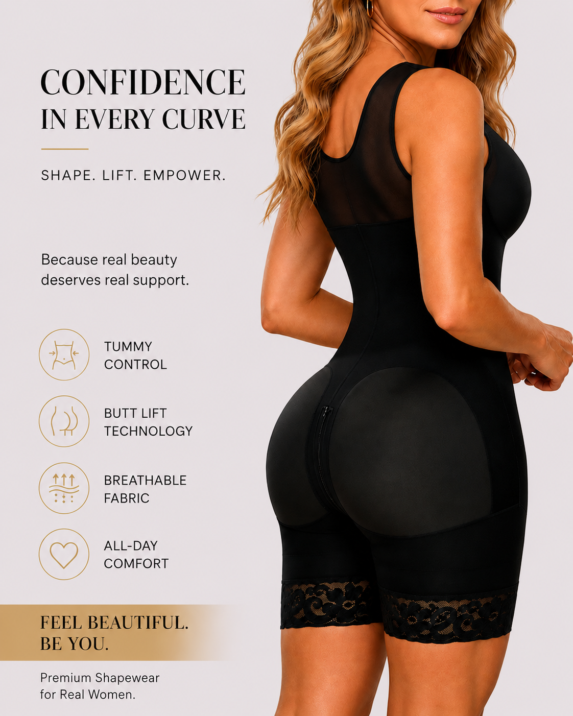 Tummy Control Front-Hook Lace-Trim Shapewear Bodysuit