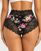 High Waist Floral Print Lace Trim Panties