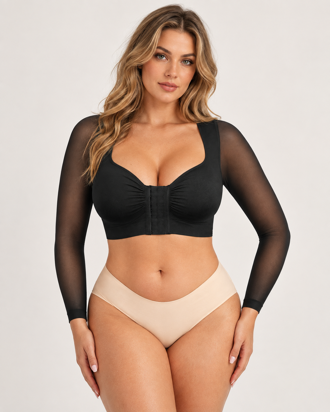 Back Smoothing Front-Closure Long-Sleeve Top