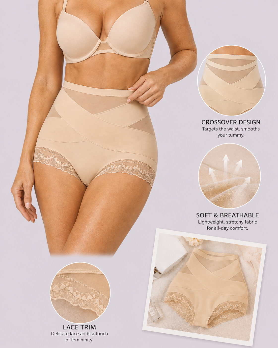 Tummy-Smoothing Crossover Mesh Lace Shaping Boyshorts