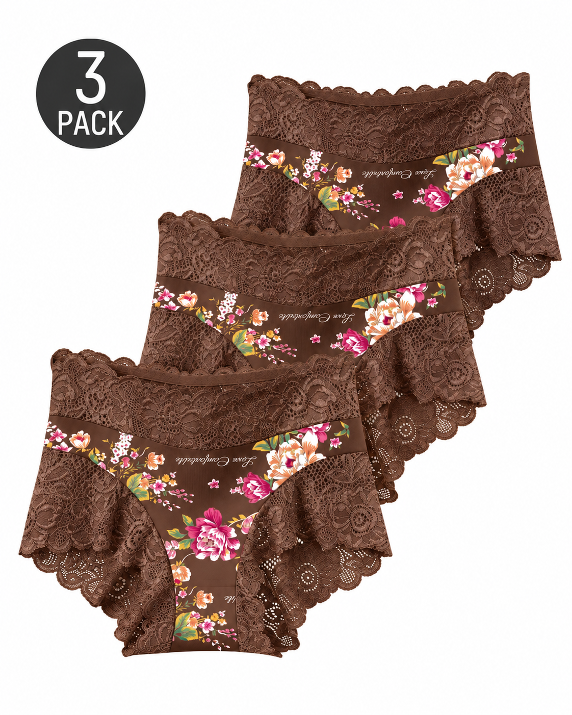 High Waist Floral Print Lace Trim Panties