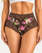 High Waist Floral Print Lace Trim Panties