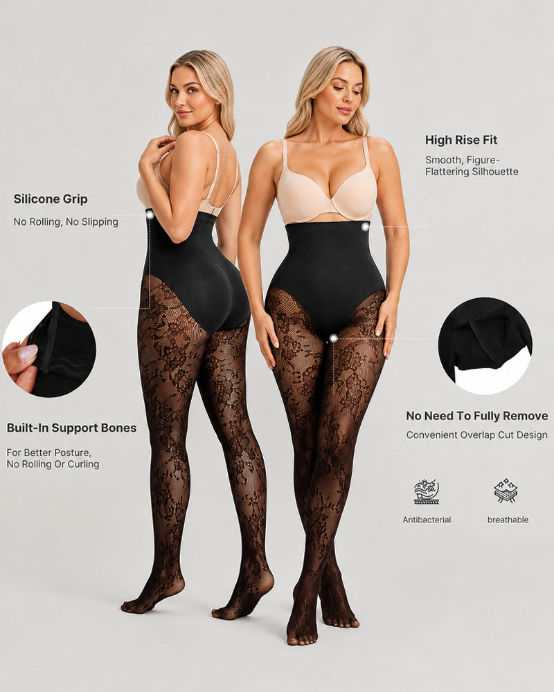 High Waist Control Tummy Lace Shaping Pantyhose