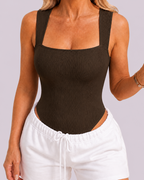 Flattering Slim-Fit & Ribbed Knit Square-Neck Bodysuit