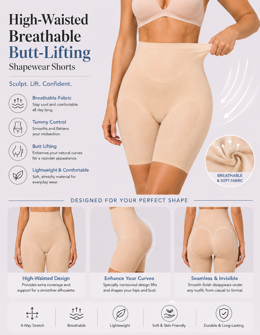 Cooling & Breathable Tummy Control Butt Lifter Shapewear Shorts
