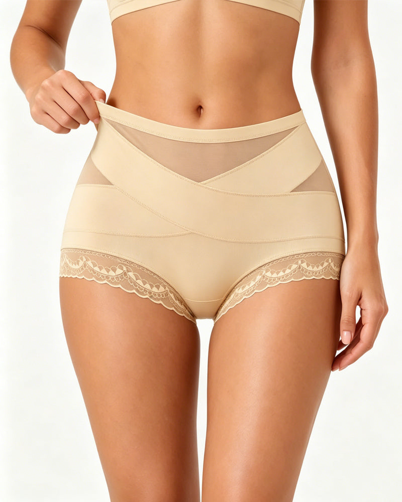 Tummy-Smoothing Crossover Mesh Lace Shaping Boyshorts