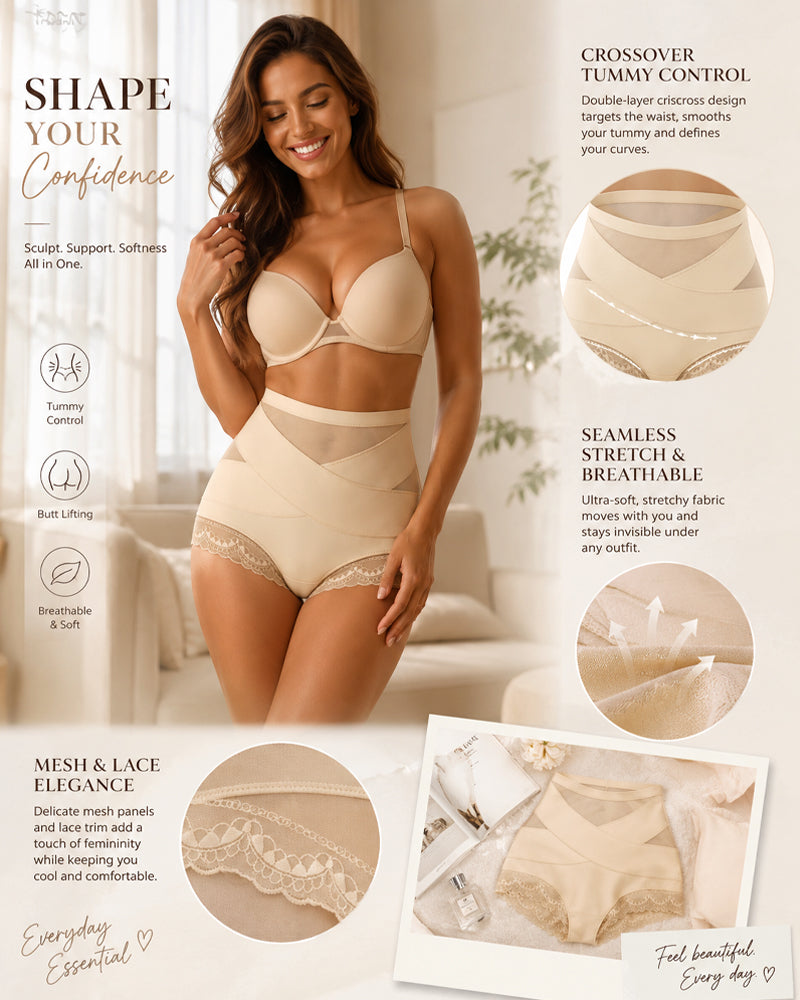 Tummy-Smoothing Crossover Mesh Lace Shaping Boyshorts