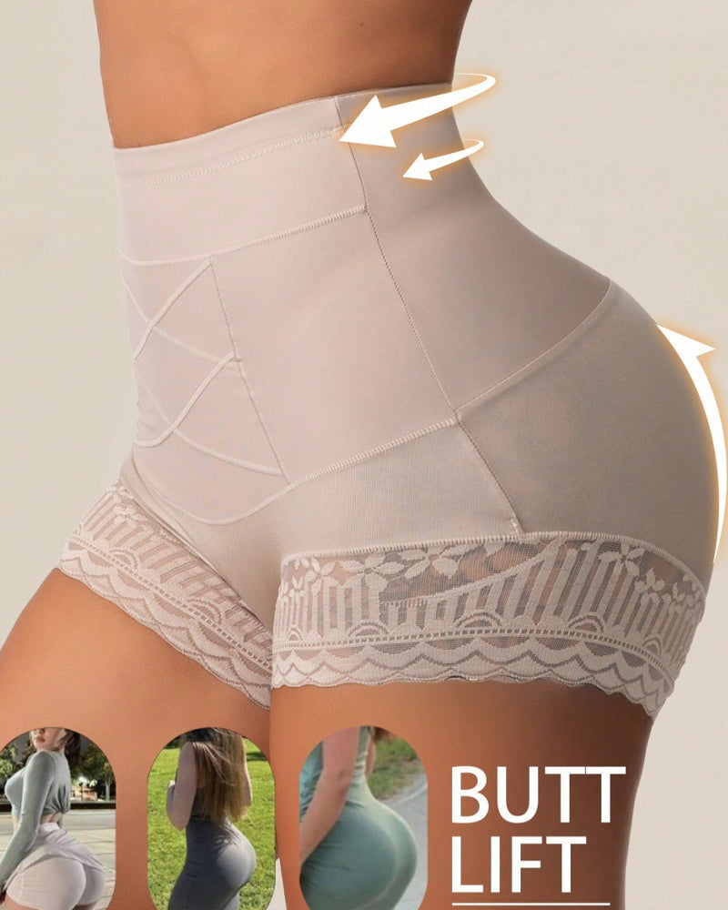 Tummy-Sculpting Cross-Compression High-Waist Lace Shaper Shorts